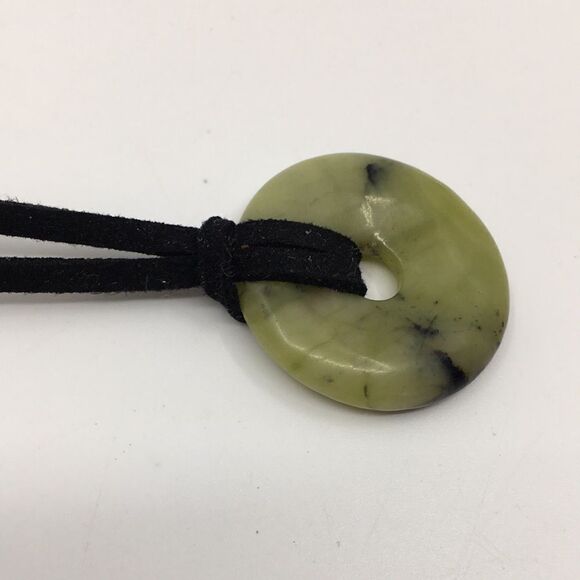 Olive Jade Disc Necklace on Black Suede Cord with silver tone hardware - Picture 8 of 16